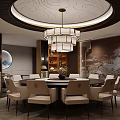 Elegant Chinese Style Private Dining Room Interior with Round Table Chandelier Wall Art and Cabinets