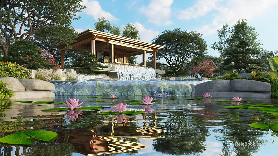 Tranquil Garden Landscape With Wooden Pavilion Waterfall And Pink Lotus Flowers 3d model 