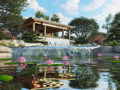Tranquil Garden Landscape With Wooden Pavilion Waterfall And Pink Lotus Flowers 3d model