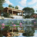 Shrub water feature pavilion water lily lotus waterfall water drop tree 3d model