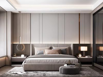 Modern Bedroom Interior Design With Gray Headboard Pillows Nightstands Table Lamps Area Rug And Mirror 3d model