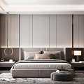 Modern Bedroom Interior Design With Gray Headboard Pillows Nightstands Table Lamps Area Rug And Mirror