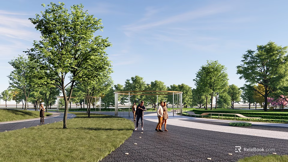 Beautiful Open Park Landscape With Green Trees Grassland Walking Path And Pedestrians 3d model 