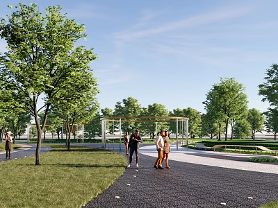 Beautiful Open Park Landscape With Green Trees Grassland Walking Path And Pedestrians 3d model