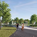 Beautiful Open Park Landscape With Green Trees Grassland Walking Path And Pedestrians