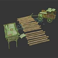 Vintage Wooden Cart Loaded With White Sacks And Stacked Wooden Logs
