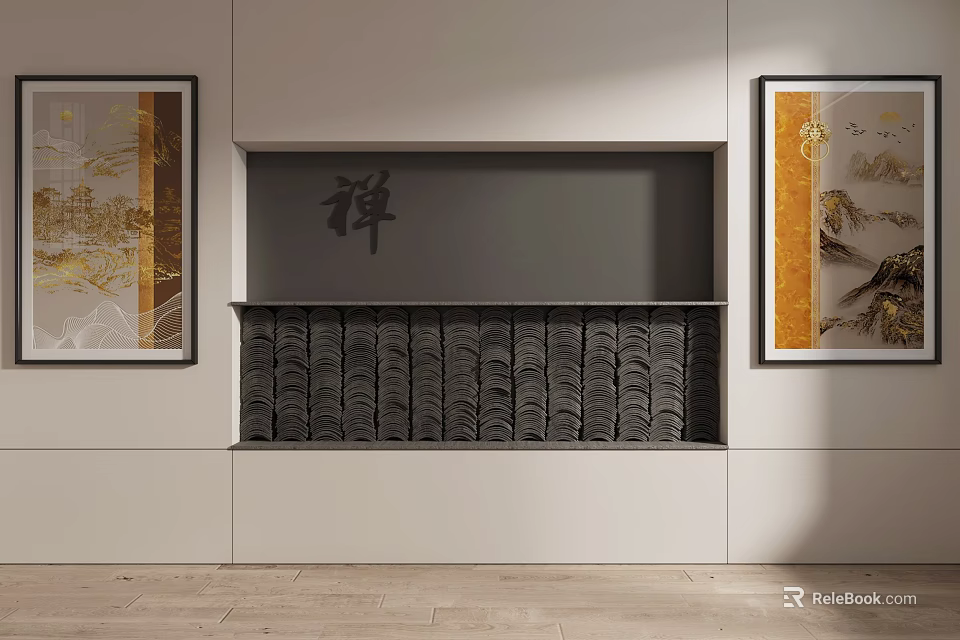 Zen Inspired Interior Design With Decorative Paintings And Calligraphy Wall Art 3d model 