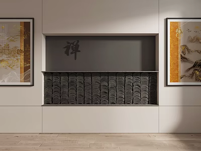 Zen Inspired Interior Design With Decorative Paintings And Calligraphy Wall Art 3d model