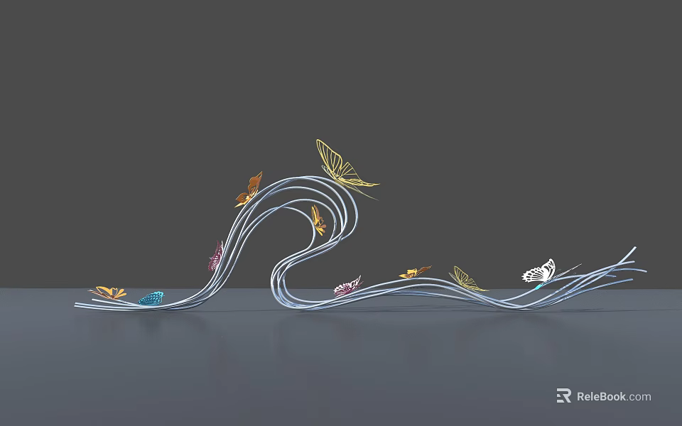 Artistic Landscape Sculpture Featuring Wavy Metal Lines And Colorful Butterflies Leaves 3d model 