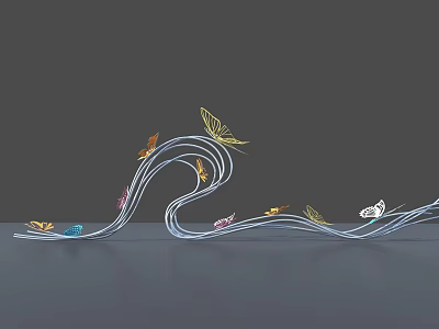 Artistic Landscape Sculpture Featuring Wavy Metal Lines And Colorful Butterflies Leaves 3d model