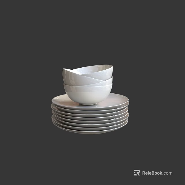 White Ceramic Dinnerware Set With Stacked Plates And Bowls For Modern Dining 3d model 