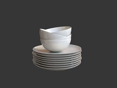 White Ceramic Dinnerware Set With Stacked Plates And Bowls For Modern Dining 3d model