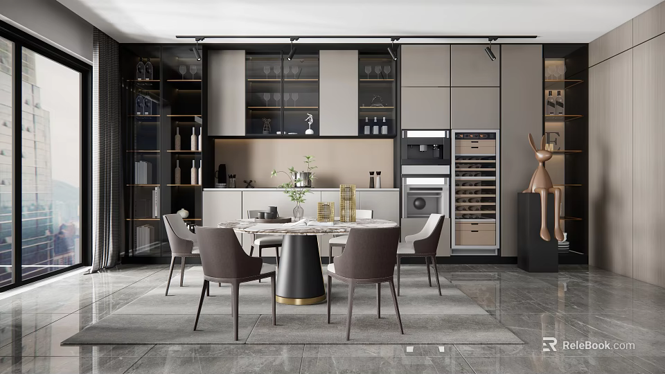 Modern Restaurant Interior Design Featuring Open Layout Dining Table Chairs Wine Cooler And Lighting 3d model 