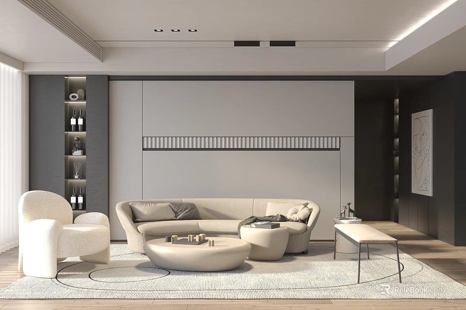 Modern Living Room Interior With Beige Sofa Round Coffee Table Rug And Decorative Shelves 3d model 
