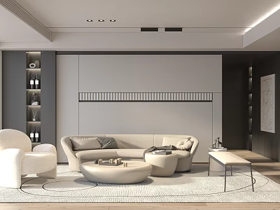 Modern Living Room Interior With Beige Sofa Round Coffee Table Rug And Decorative Shelves 3d model