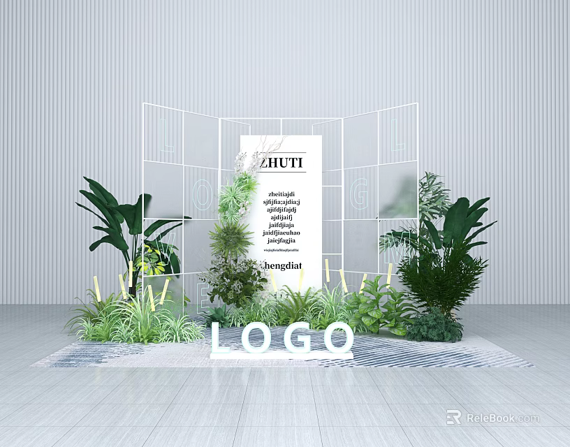 Modern Display Setup With White Grid Screen Green Plants And DALICE Logo 3d model 