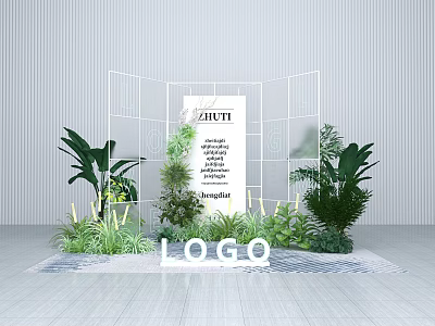 Modern Display Setup With White Grid Screen Green Plants And DALICE Logo 3d model