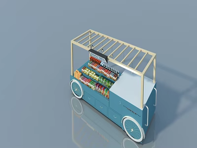 Blue Vending Cart With Swing Door Wooden Roof And Beverage 3d model