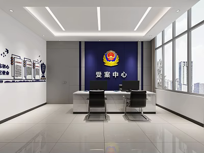 Bright Service Hall Interior With Case Filing Center Badge Desks And Chairs 3d model