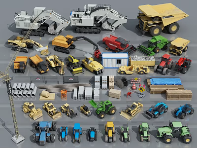 Various Utility Vehicles Including Excavators Dump Trucks Tractors And Cranes For Construction And Agricultural Use 3d model