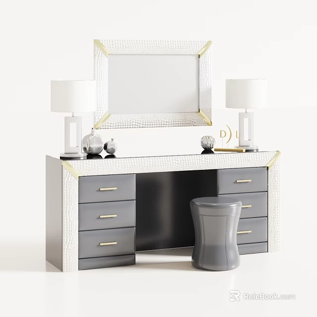 Modern Grey Dressing Table With Gold Frame Mirror Two Table Lamps Drawers And Stool 3d model 