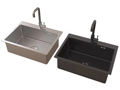 Stainless Steel Kitchen Sinks With Silver And Black Finish And Faucets 3d model