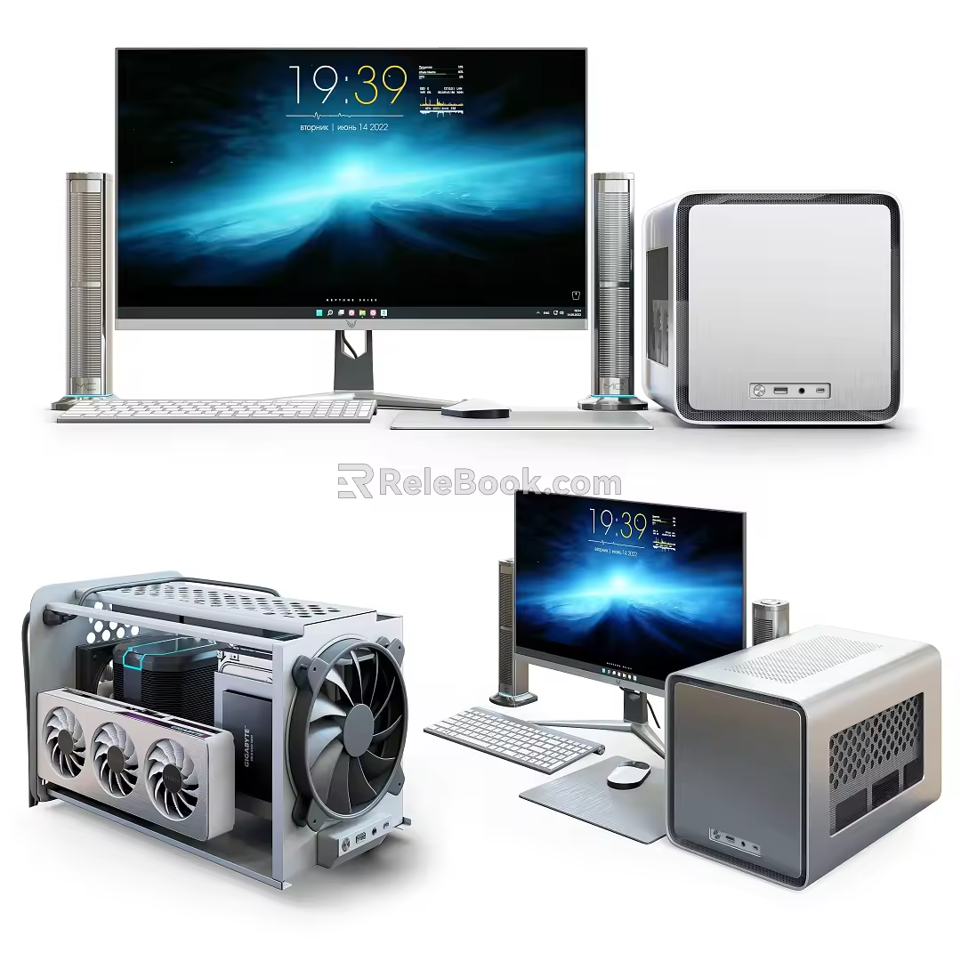 Modern computer desktop computer screen keyboard mouse audio desktop host 3d model