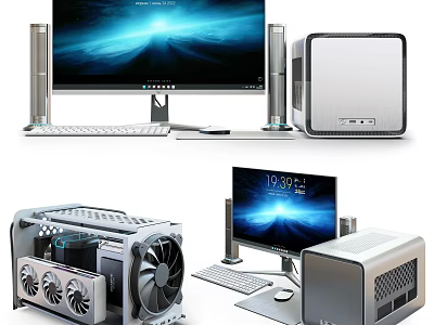 Modern Desktop Computer Setup With Monitor PC Case Keyboard Mouse And Cooling Fans 3d model