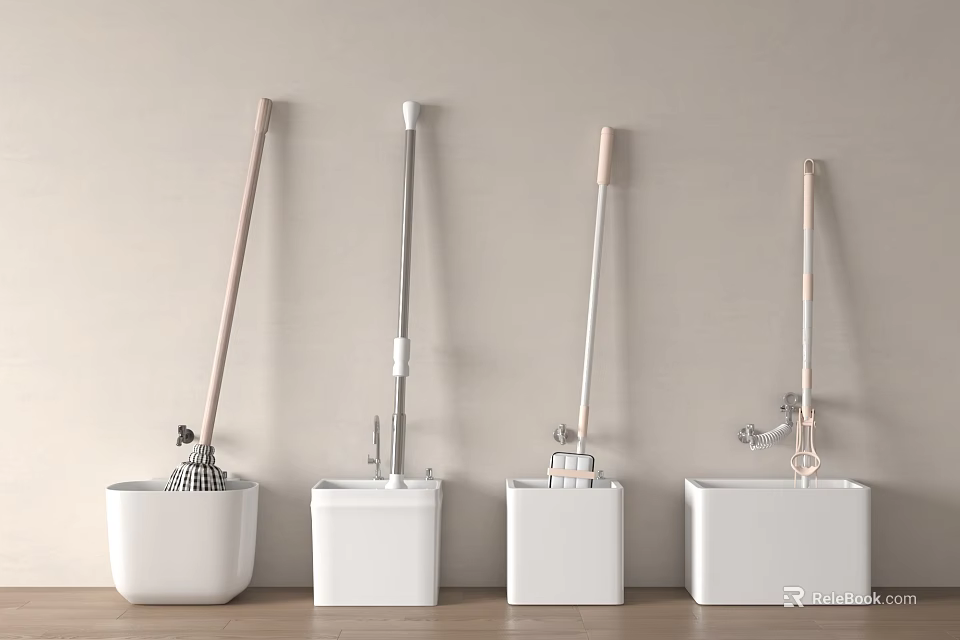 Home Bathroom Cleaning Tools Storage Set With Four White Buckets Mop And Toilet Brush 3d model 