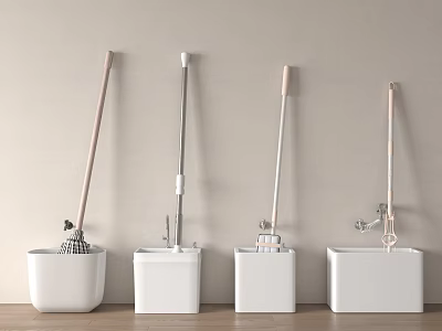 Home Bathroom Cleaning Tools Storage Set With Four White Buckets Mop And Toilet Brush 3d model