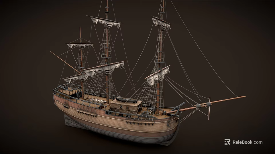 Vintage Wooden Sailing Ship With Multiple Masts White Sails And Rigging 3d model 