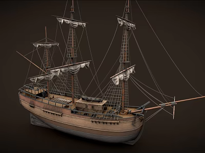 Vintage Wooden Sailing Ship With Multiple Masts White Sails And Rigging 3d model