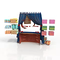Vibrant Gift Display Cabinet With Blue Drapes And Stacked Colorful Gift Boxes