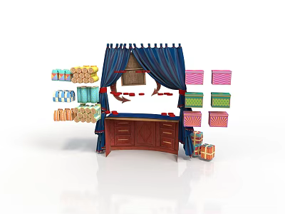 Vibrant Gift Display Cabinet With Blue Drapes And Stacked Colorful Gift Boxes 3d model