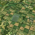 Aerial Rural Landscape with Green Farmland Neat Fields Distant Hills and White Clouds