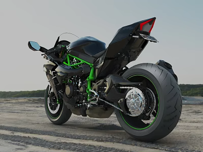 Stylish Black Sport Motorcycle With Green Frame Accents On Gravel Road Landscape 3d model Stylish Black Sport Motorcycle With Green Frame Accents On Gravel Road Landscape 3d model