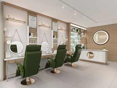 Stylish Beauty Salon Store Interior With Green Chairs Mirrors Product Shelves And Counter 3d model