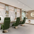 Stylish Beauty Salon Store Interior With Green Chairs Mirrors Product Shelves And Counter