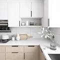 Modern Kitchen Interior With White Cabinets Black Appliances Island Counter And Pendant Lights