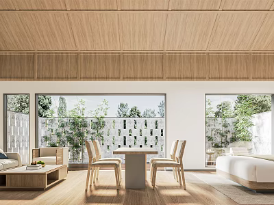 Modern Hotel Room Interior Design With Wooden Ceiling Large Windows And Garden View 3d model