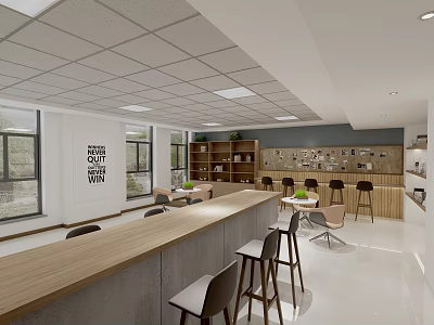 Modern Public Office Space Interior With Wooden Counter Chairs Bookshelves Plants And Natural Light 3d model