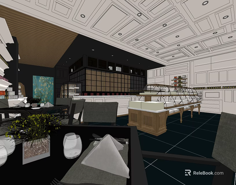 Dessert Shop Interior With Glass Display Counter Seating Area Ceiling Lights And Decorative Plants 3d model 