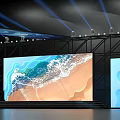 Modern Stage Design With Large Screen Showing Ocean Waves Sand Beach And Lighting Equipment