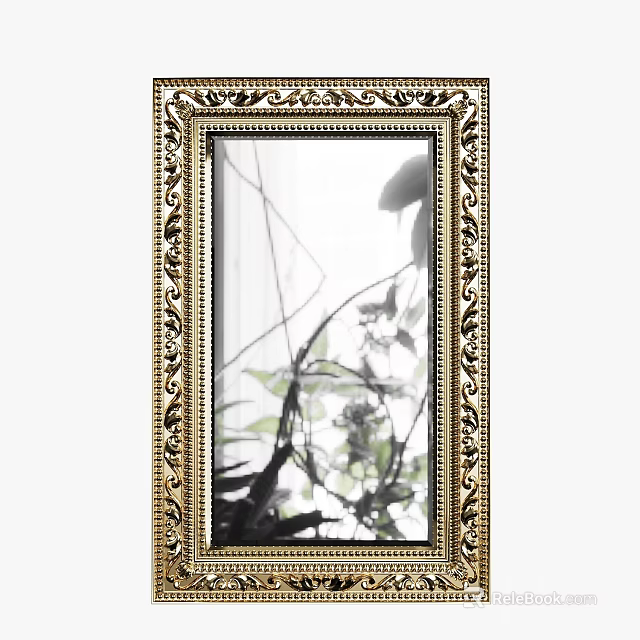 Ornate Golden Framed Mirror Displaying Plant Leaves Reflection In Interior 3d model 