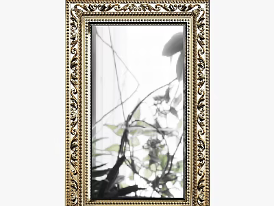 Ornate Golden Framed Mirror Displaying Plant Leaves Reflection In Interior 3d model