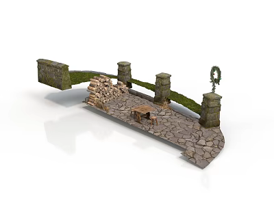 Rustic Stone Bridge With Decorative Pillars Green Accents And Stone Paved Ground 3d model