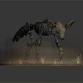 Mechanical Dog Skeleton With Horns Metallic Structure Flaming Base And Dry Grass