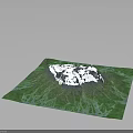 Snow Covered Central Terrain Surrounded by Lush Green Vegetation and River Like Textures
