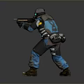Man In Blue And Black Combat Suit With Helmet Green Glowing Eyes Holding Weapon