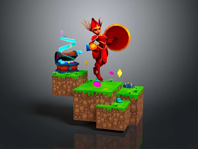 3D Game Platform Terrain Scene Featuring Red Character Treasure Chest And Glowing Elements 3d model